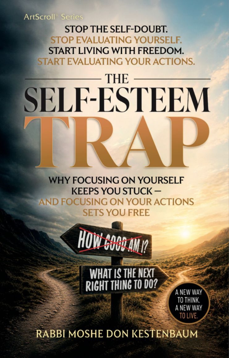 Book cover of The Self-Esteem Trap by Rabbi Moshe Don Kestenbaum — a figure standing at a fork in the road at sunset
